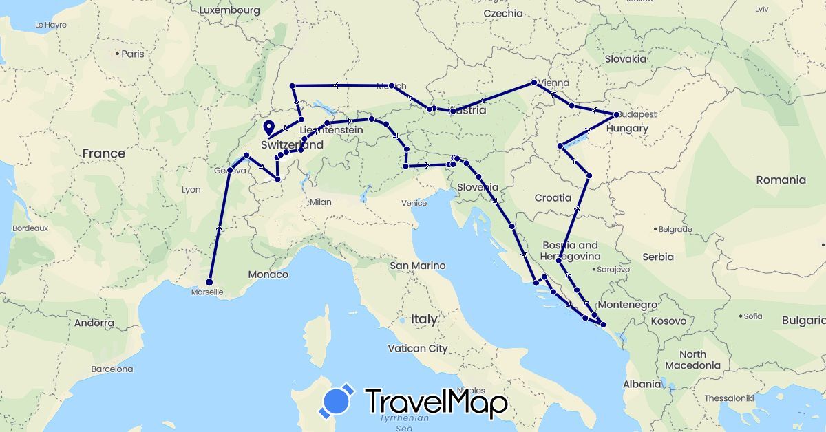 TravelMap itinerary: driving in Austria, Bosnia and Herzegovina, Switzerland, Germany, France, Croatia, Hungary, Italy, Montenegro, Slovenia (Europe)